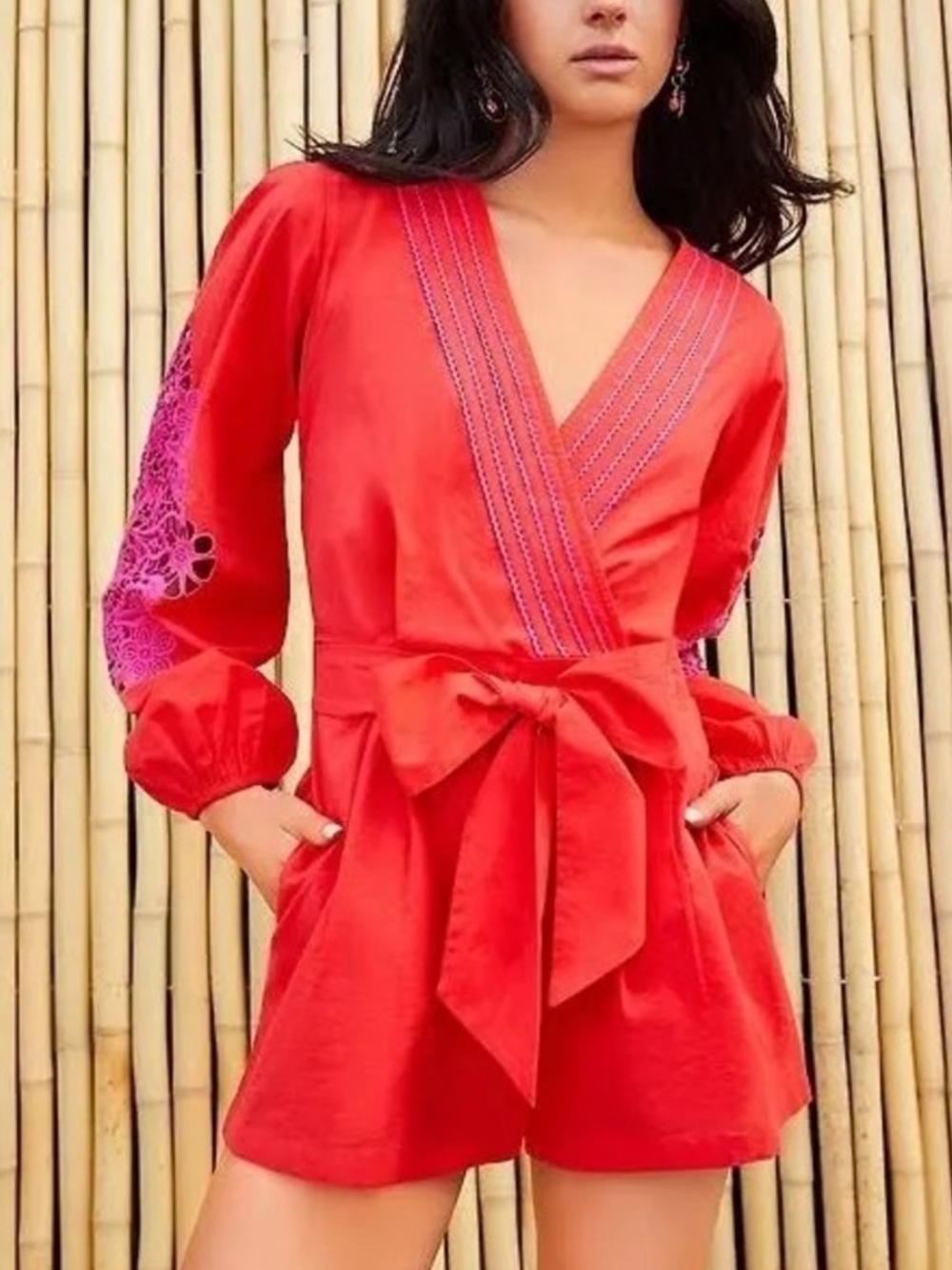 Chelsea & Violet livvy cotton romper orange pink long sleeves
